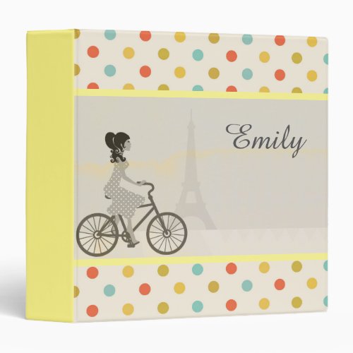 Girl Riding Bike in Paris Polka Dot Personalised 3 Ring Binder