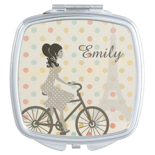 Girl Riding Bike in Paris Polka Dot Personalised Compact Mirror