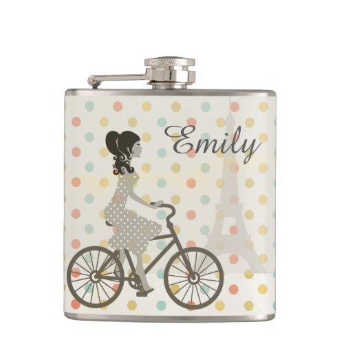 Girl Riding Bike in Paris Polka Dot Personalised Flask