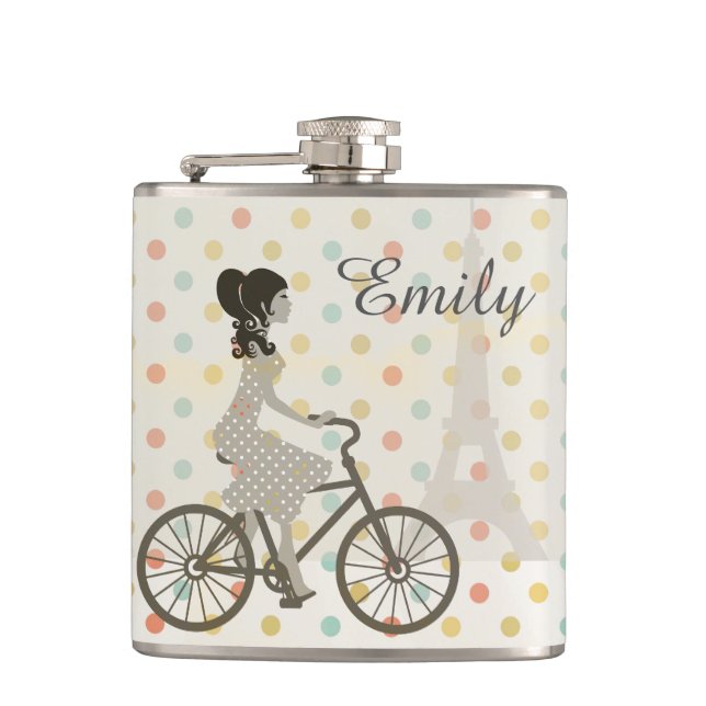 Girl Riding Bike in Paris Polka Dot Personalised Flask (Front)