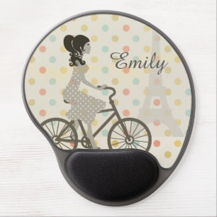 Girl Riding Bike in Paris Polka Dot Personalised Gel Mouse Pad