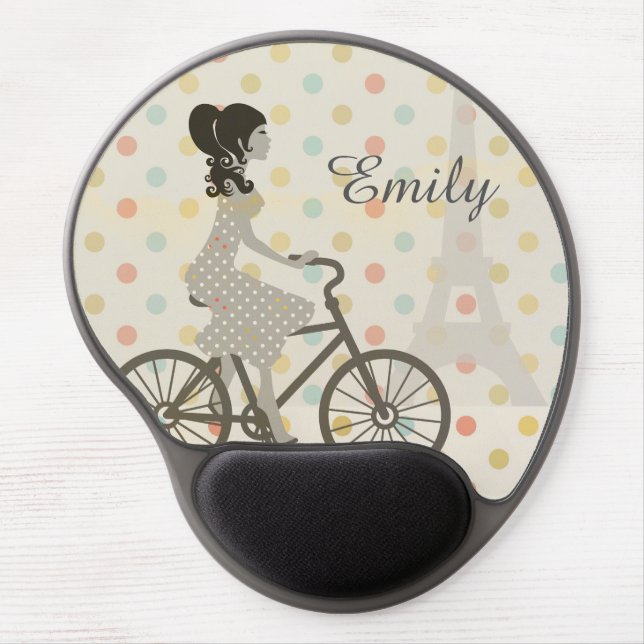 Girl Riding Bike in Paris Polka Dot Personalised Gel Mouse Pad (Front)