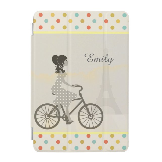 Girl Riding Bike in Paris Polka Dot Personalised iPad Mini Cover (Front)