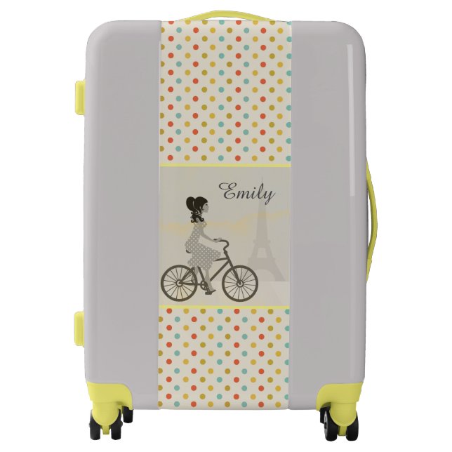 Girl Riding Bike in Paris Polka Dot Personalised Luggage (Front)
