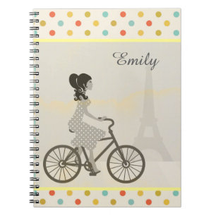 Girl Riding Bike in Paris Polka Dot Personalised Notebook