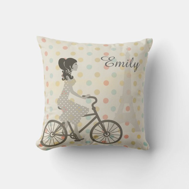 Girl Riding Bike in Paris Polka Dot Personalised Outdoor Pillow (Front)