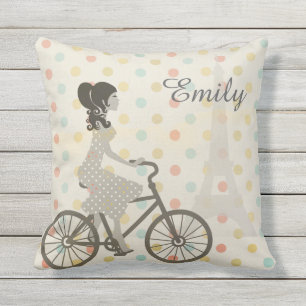 Girl Riding Bike in Paris Polka Dot Personalised Outdoor Pillow