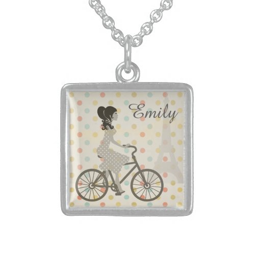 Girl Riding Bike in Paris Polka Dot Personalised Sterling Silver Necklace