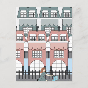 Girl Riding Bike Past Amsterdam Tall Houses Art Postcard