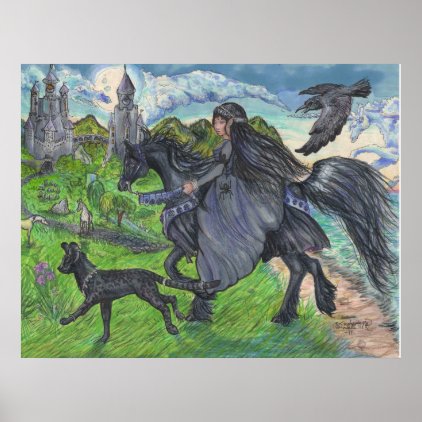 Girl riding Black Horse with Serval Cat Poster