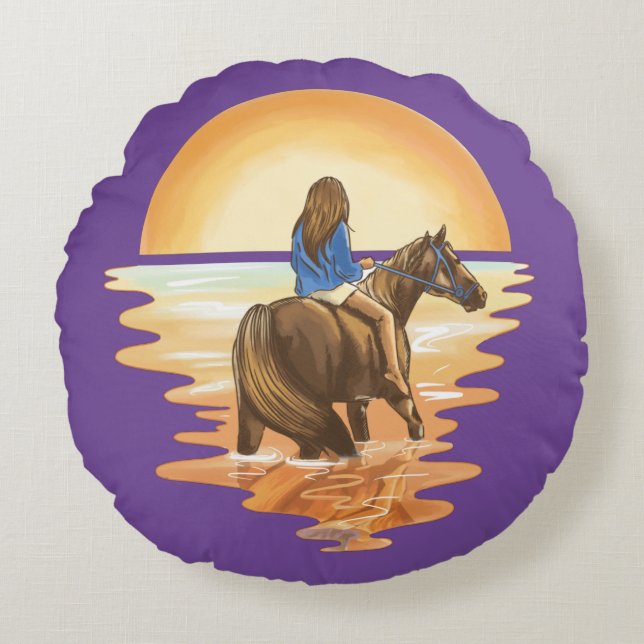 Girl riding horse in Sunset Round Pillow (Front)
