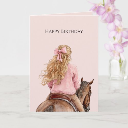 Girl Riding Horse Pink Bow Birthday Card
