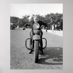 Girl Riding Motorcycle, 1937. Vintage Photo Poster