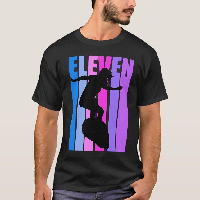 Girl Riding Waves 11th Surfing Birthday Pink Surfe T-Shirt (Front)