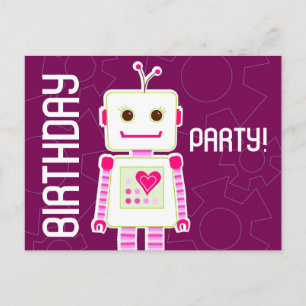 Girl Robot Birthday Party, Postcard Invitations