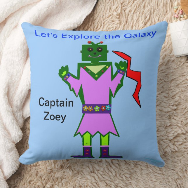 Girl Robot Captain Zoey Pink Dress PERSONALIZE Throw Pillow (Blanket)