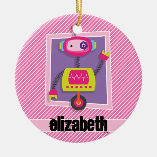 Girl Robot Pink  White Stripes Ceramic Ornament