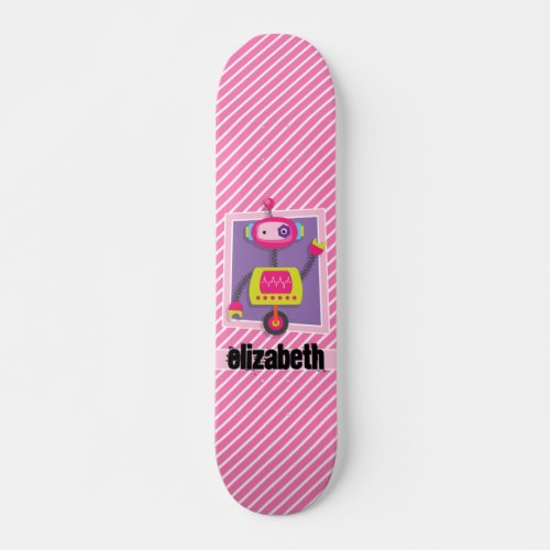 Girl Robot Pink  White Stripes Skateboard
