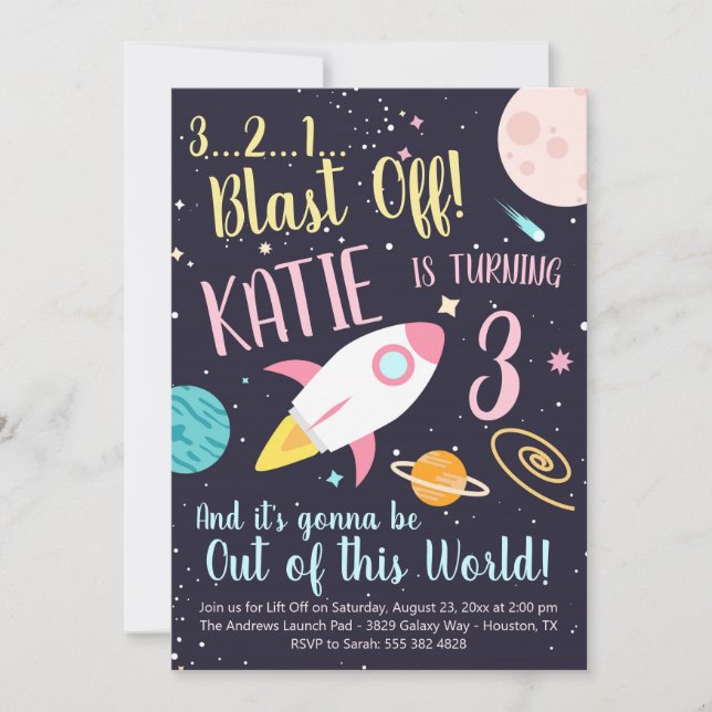 Girl Rocket Ship Outer Space Birthday Invitation (Front)