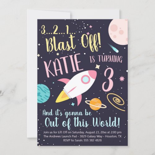 Girl Rocket Ship Outer Space Birthday Invitation