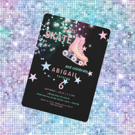 Girl Roller Skating Black & Neon Birthday Party Invitation