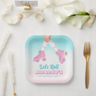 Girl Roller Skating Pink and Blue Birthday Paper Plates