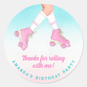 Girl Roller Skating Pink and Blue Thank You Classic Round Sticker