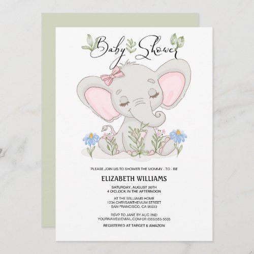 Girl Rose  Cute Elephant Watercolor Baby Shower   Invitation