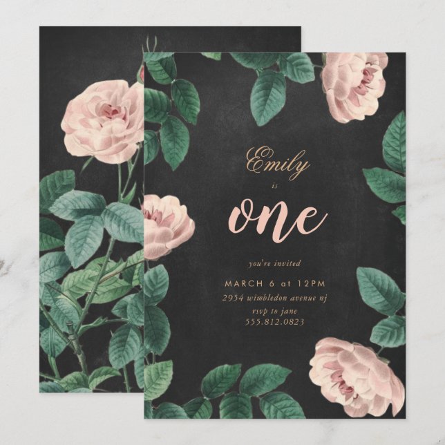 Girl Rose First Birthday Invitation Chalkboard (Front/Back)