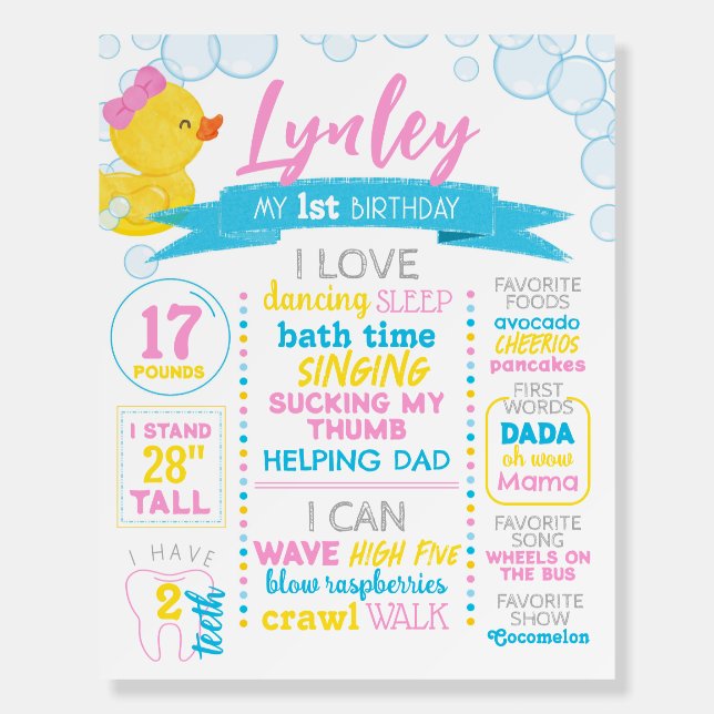Girl Rubber Duck 1st Birthday Milestone Foam Board (Front)