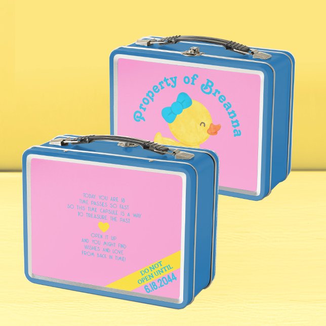 Girl Rubber Duck 1st Birthday Time Capsule Metal Lunch Box (Girl Rubber Duck Pink Time Capsule Lunchbox Storage for 1st Birthday Time Capsule)
