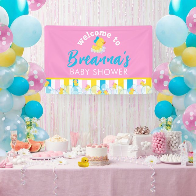Girl Rubber Duck Baby Shower Hanging Welcome Banner (Welcome to Girl Rubber Ducky Hanging Vinyl Baby Shower Banner in Pink)