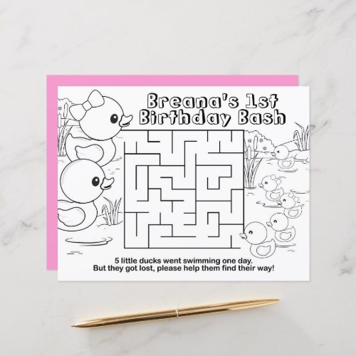 Girl Rubber Duck Birthday Maze Activity Placemats