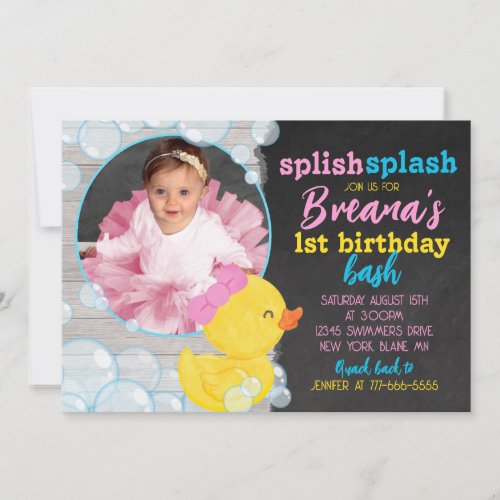 Girl Rubber Duck Chalkboard  Pink Photo Birthday Invitation
