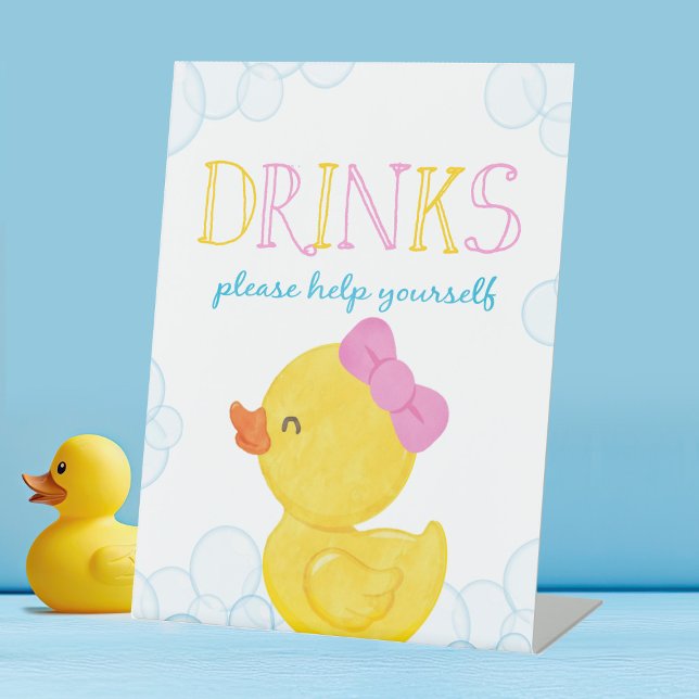 Girl Rubber Duck Drinks Party Pedestal Sign (Girl Watercolor Rubber Duck Drinks Party Sign for Baby Shower or Birthday)