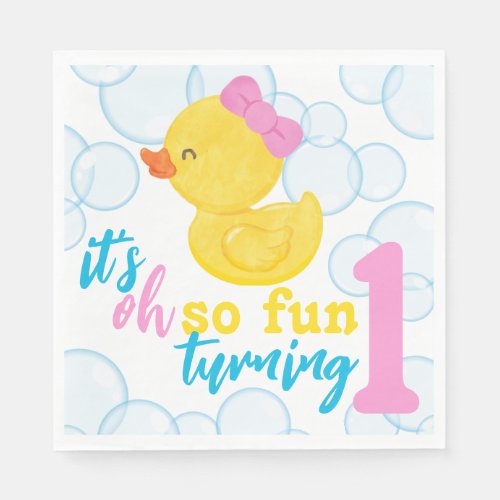 Girl Rubber Duck Turning One First Birthday Napkins