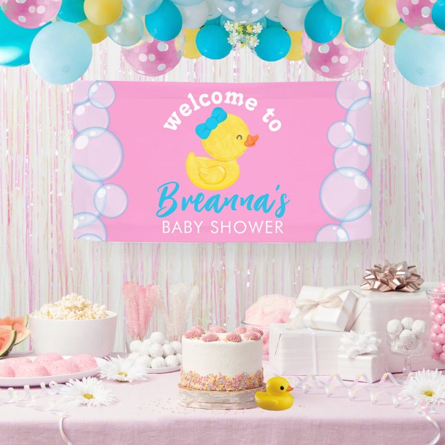 Girl Rubber Ducky Baby Shower Welcome Hanging Banner (Girl Rubber Duck Baby Shower Welcome Hanging Vinyl Banner in Pink)