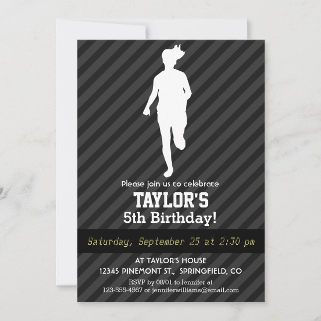 Girl Running; Black & Dark Gray Stripes Invitation (Front)