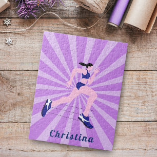 Girl Running Marathon Runner Jogger Pink Name Cute Jigsaw Puzzle