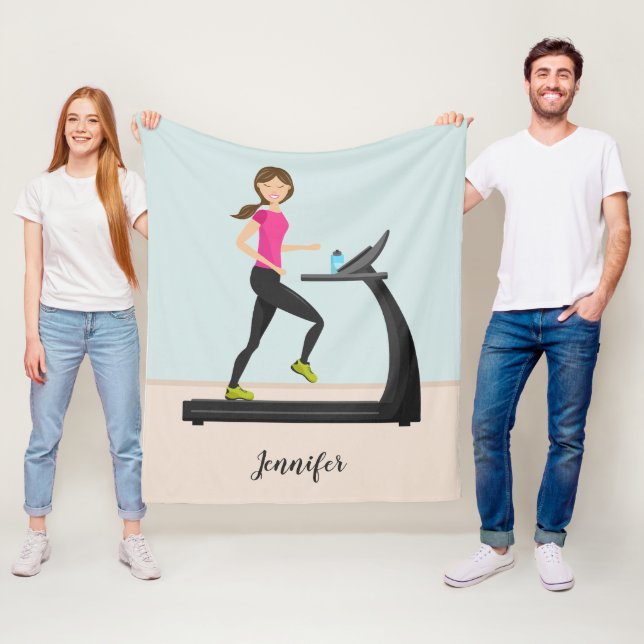 Girl Running On A Treadmill Illustration & Name Fleece Blanket (In Situ)