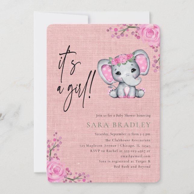 Girl Rustic burlap elephant flowers baby shower  Invitation (Front)