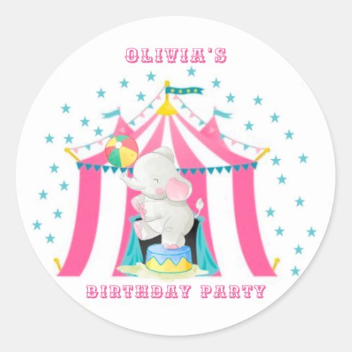 Girls Circus Theme Birthday Party Custom Classic Round Sticker