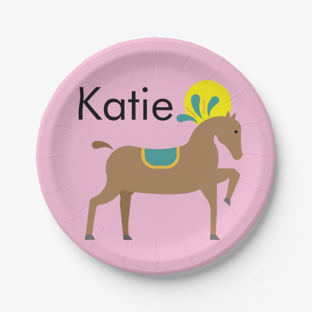 Girl’s editable cute cartoon horse  paper plates (Front)