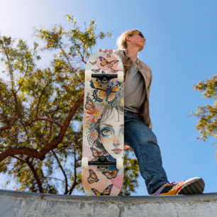 Girl’s Face with Monarch Butterflies in Pastels Skateboard