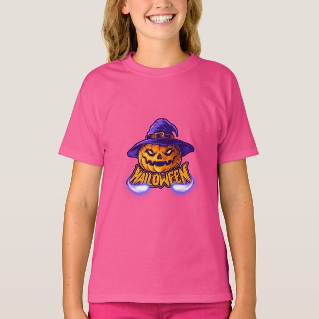 Girl’s Halloween Scary Jack O’ Lantern T-Shirt (Front)