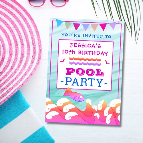 Girls Happy Fish Pool Party Birthday Invitation