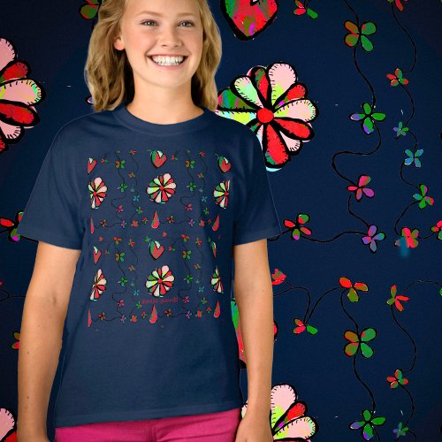 Girls Happy Joyful Hearts  Flowers T_Shirt