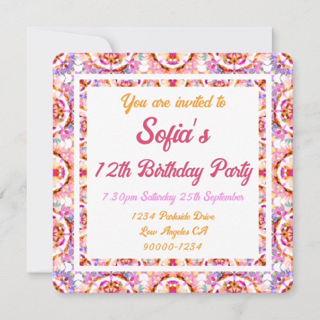 Girl’s Pretty Summer Pink Green Purple Birthday Invitation (Front)