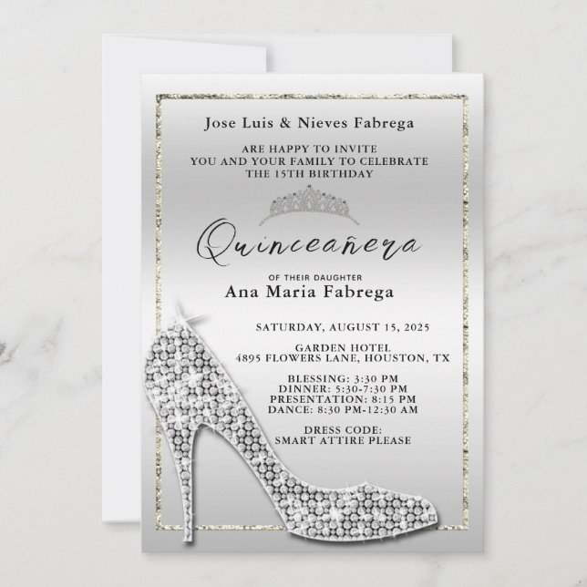 Girl´s Silver Stiletto Quinceañera Birthday Party Invitation (Front)