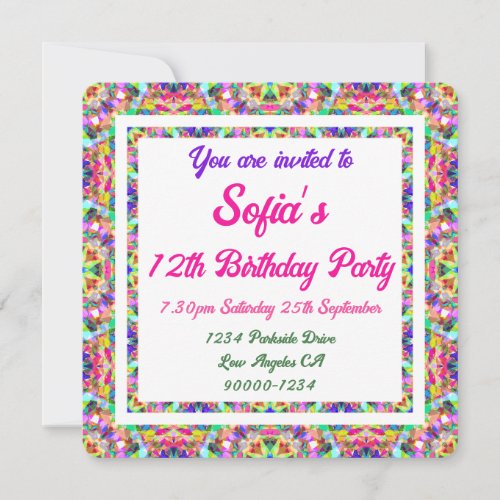 Girls Vibrant Summer Green Bright Purple Birthday Invitation